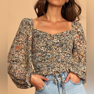 Love Song Black Floral Print Drawstring Ruched Puff Sleeve Top